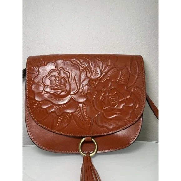 Patricia Nash Brinlee Leather Saddle Crossbody Bag Tassel Brown Cinnamon Tooled - Picture 2 of 16